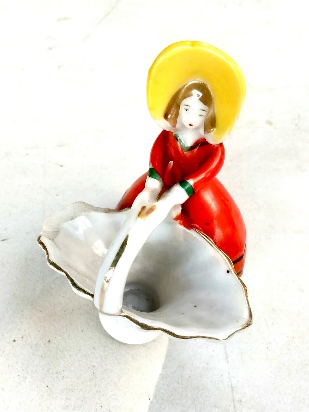 Vintage Nippon Japan Glazed Porcelain Woman with Basket Figurine 3 1/4
